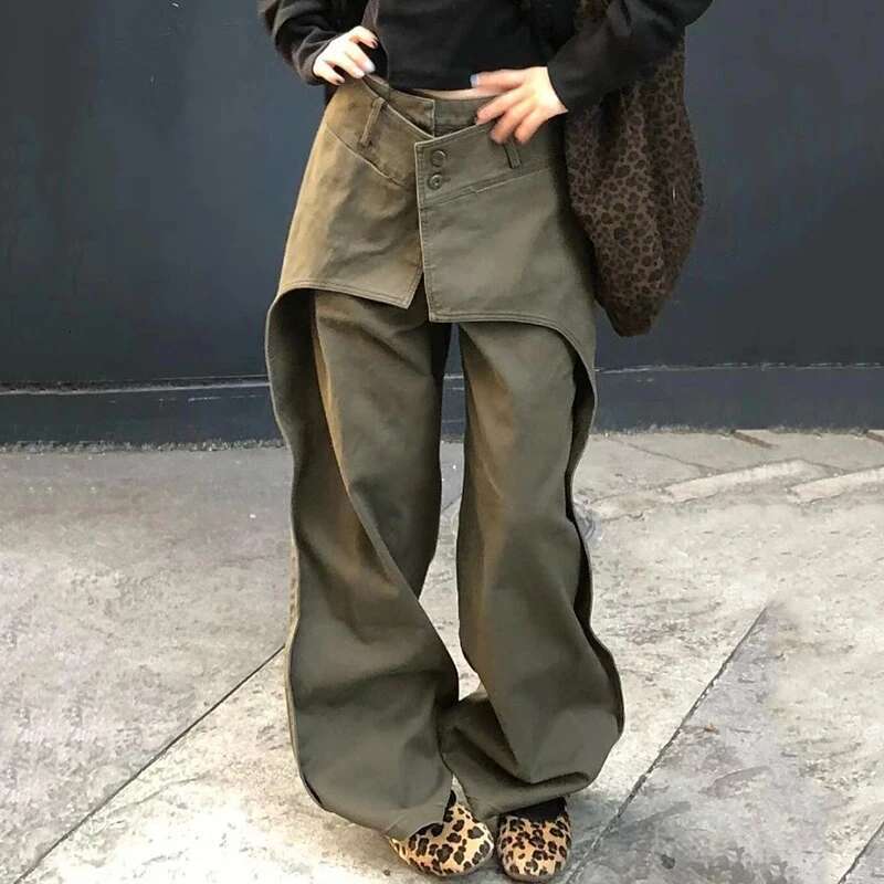 Fashion Fake Two-Piece Straight Solid Color Denim Long Pants For Women Button Patchwork Loose Jeans Female 11A02525