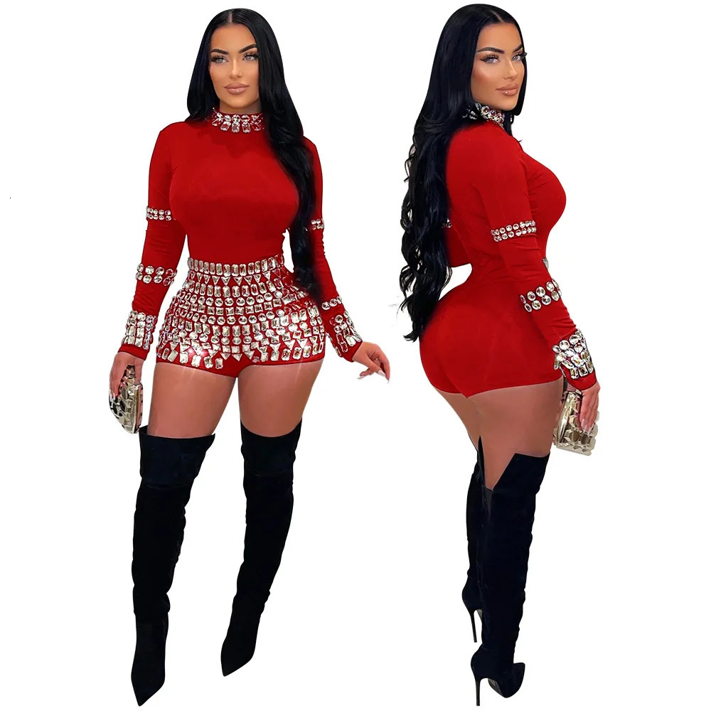 CM.YAYA Women Diamonds Rhinestones Long Sleeve Short Jumpsuits Summer Sexy Party Club One Piece Suit Rompers Playsuits 250303