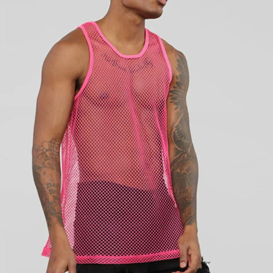 Tank Tops Vest Men O-neck Party Nightclub Wear Rose Red Black Fashion M-2XL Mesh Patchwork Sleeveless Streetwear 250304