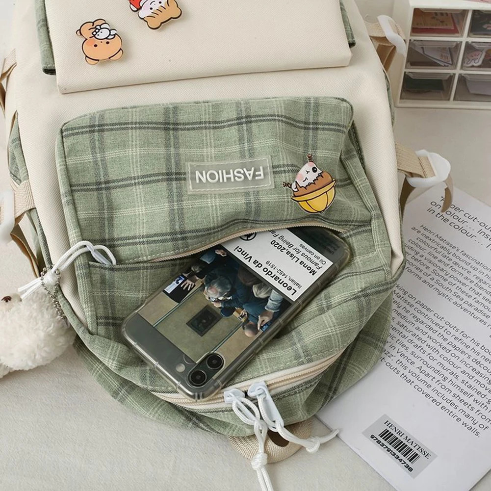 Ship from US 5 piecesset Fashion Backpack Large Capacity Canvas School Waterproof Student Travel Office Pendant Badge 250304FBB