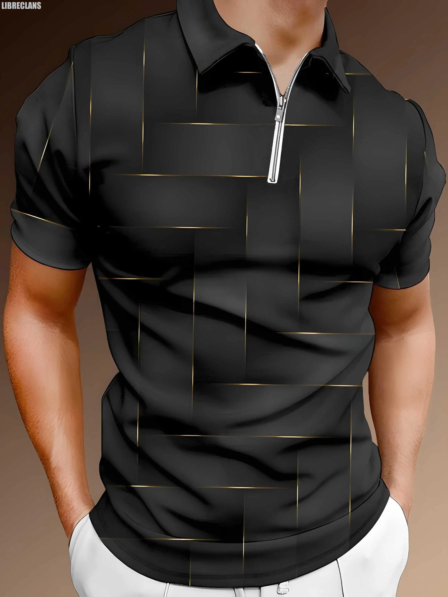 Vintage Gold Plaid Pattern 3D Printing Mens Zipper Polo Shirt Summer Fashion Short-Sleeved Top Harajuku Streetwear 250304