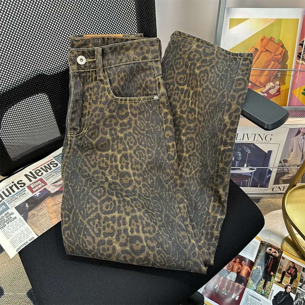 Retro Spring Trendy Leopard Print Jeans Women's American Street Trousers Y2k Haruku Style Baggy High Waist Casual Pants