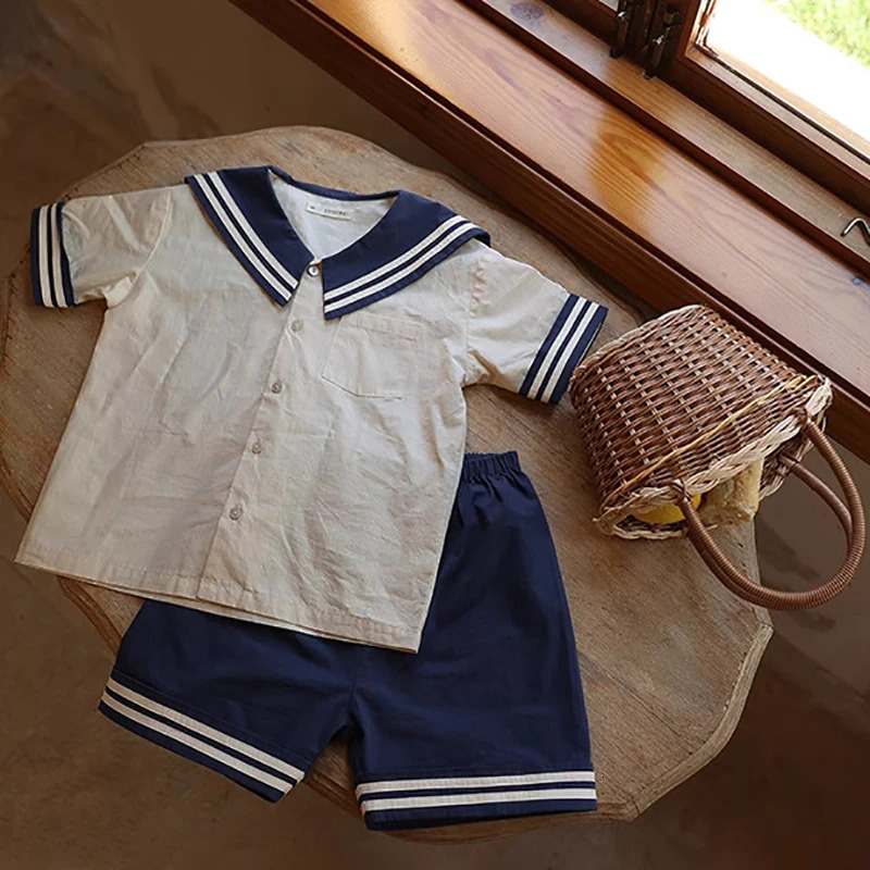 Baby Boy Girl Clothes Sets Sailor Collar Soft Cotton Fashion Baby Navy Uniform Baby Costume 250304