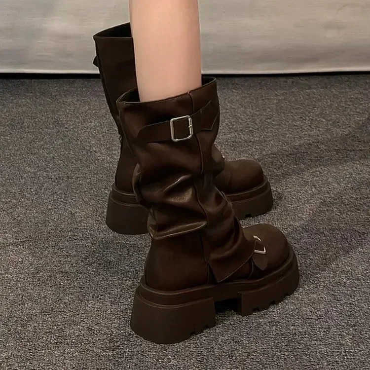 Wens Boots Brown Maillard New Spring Autumn Height Increasing Cfortable Anti Slip Fion Belt Buckle Boots Z250304