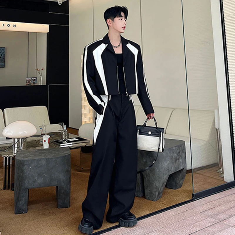 IEFB Korean Style Sets Niche Male Blazers Pu Leather Spliced Suit Coat Wide Leg Suit Pants Two Piece Menwear 9C1614 250303