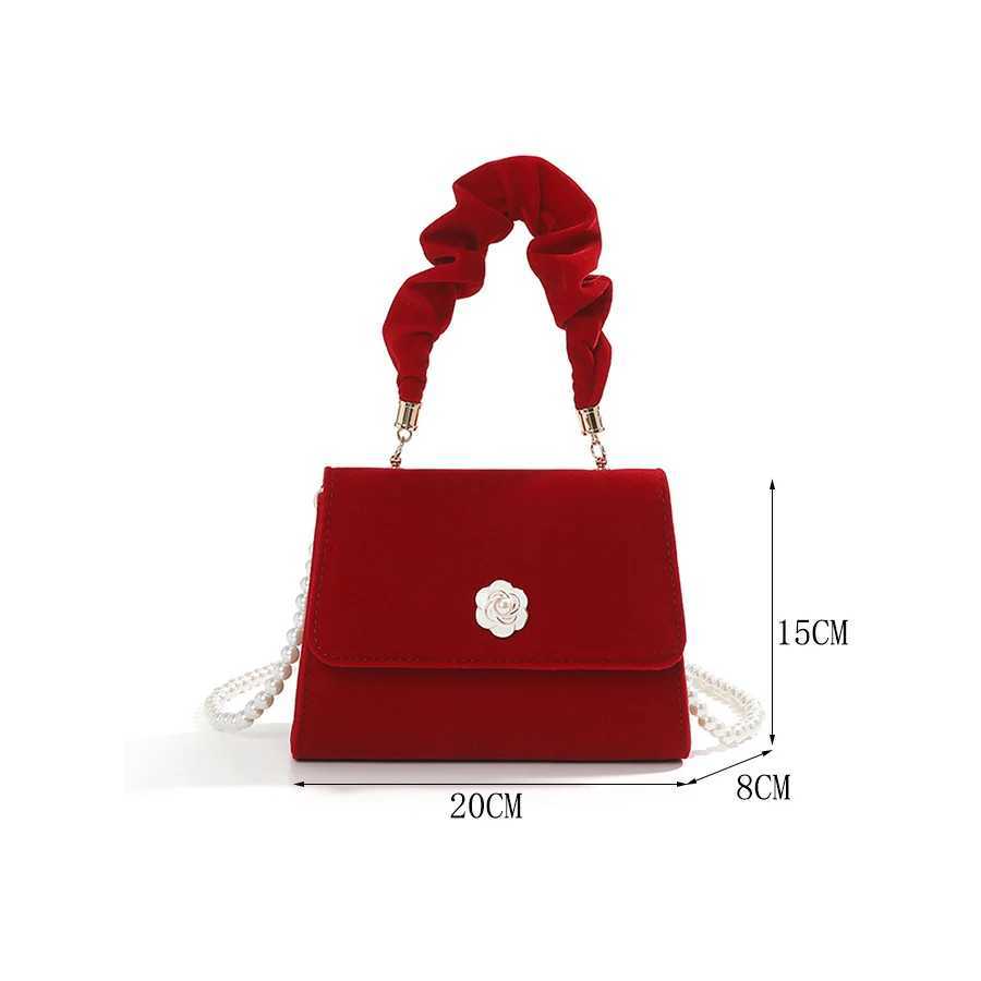 Velvet red handbag wedding party dinner bag pleated handmade pearl chain lingerie bag red bridal cross body bag Z250303