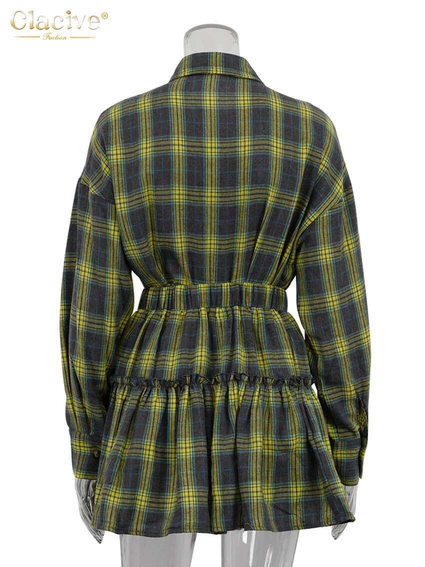 Clacive Fashion Loose Plaid 2 Piece Sets Women Outfit 2024 Elegant Long Sleeve Shirt With High Waist Ruffle Mini Skirts Set