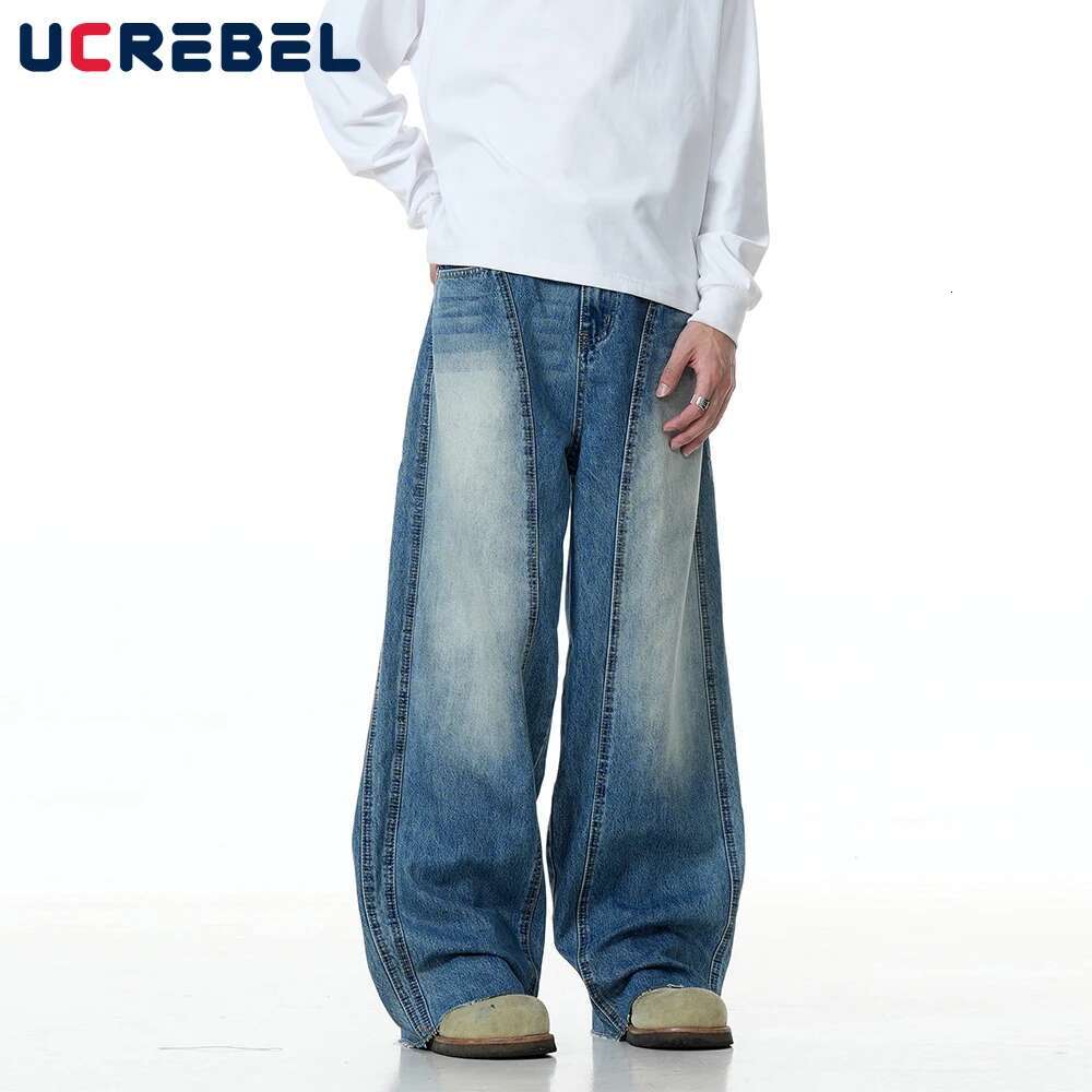 Spliced Denim Wide Leg Pants Mens Pocket Retro High Street Loose Washed Distressed Raw Edge Jeans Men Trousers