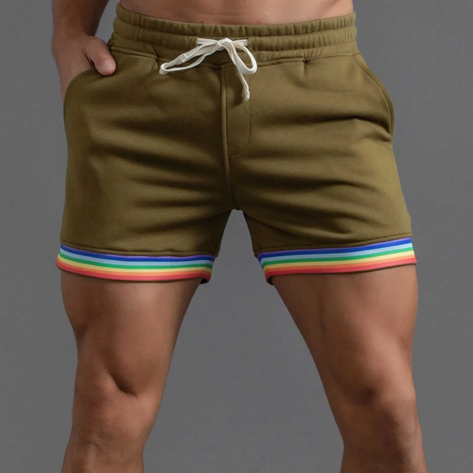Polyester Shorts Men Summer Solid Color Rainbow Pants Pocket Drawstring Loose Casual Sports Running Glitter Foam StarT250304