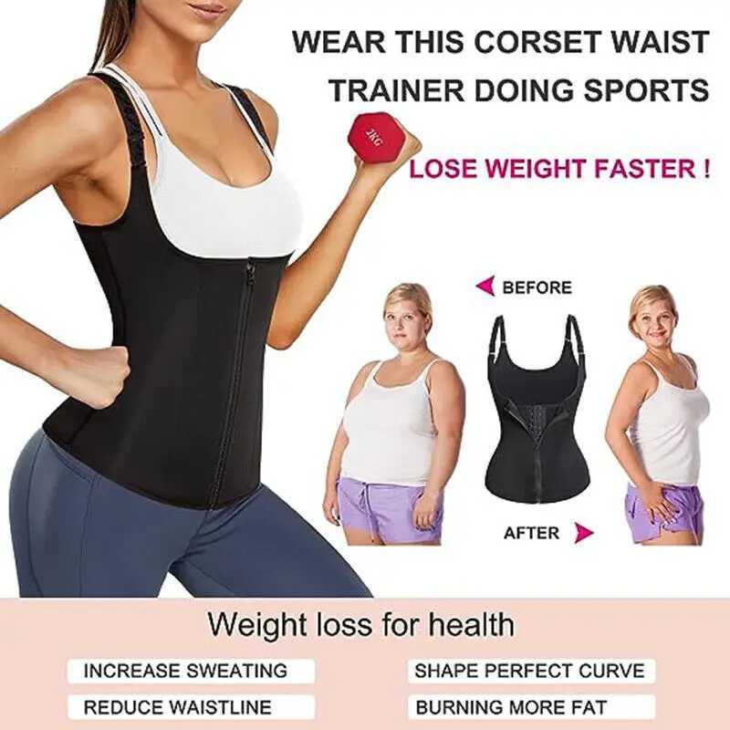 Womens Waist Trainer Sauna Sweat Vest Corset Body Shaper Neoprene Shapewear Gym Workout Tank Top Black Slimming Top with ZipperXJ250304