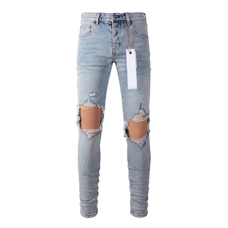 High Street American Fashion Style Light Blue Distressed Skinny And Slim Fit Destroyed Holes Ripped Jeans