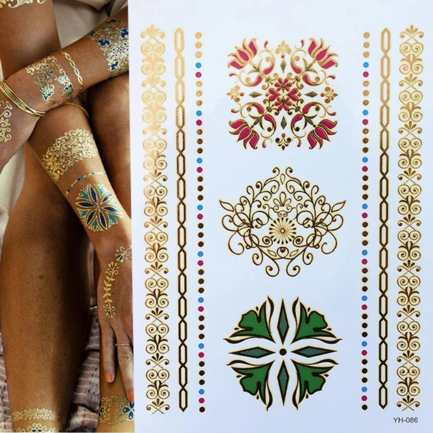 Flash Metallic Waterproof Temporary Tattoo Gold Silver Women Henna Mandala Flower Lace Taty Indian Arabic Sticker 250219