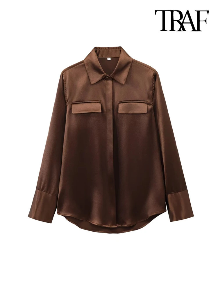TRAF-Satin Shirts with Pockets for Women Long Sleeve Button-up Female Blouses Chic Tops Fashion 250303