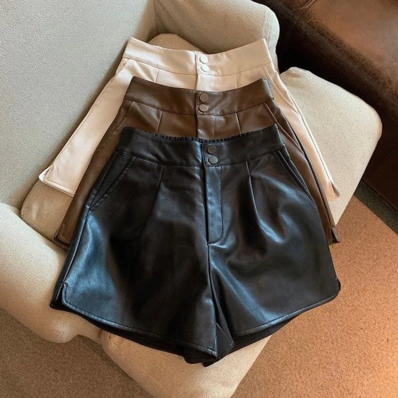 Fashionable modern girls childrens shorts solid color high waisted PU shorts baby girls autumn and winter pants teenagers shorts 100-170cm 250304