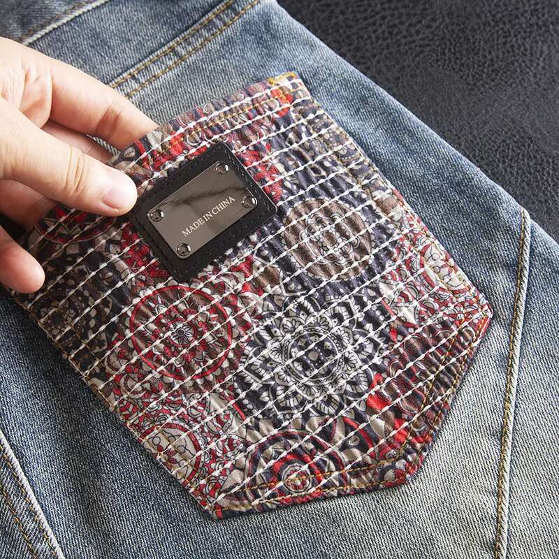 High-End Fashion Personality Men's Jeans With Patchwork Craftsmanship, Embroidery Design, And Printed Street Denim Pants