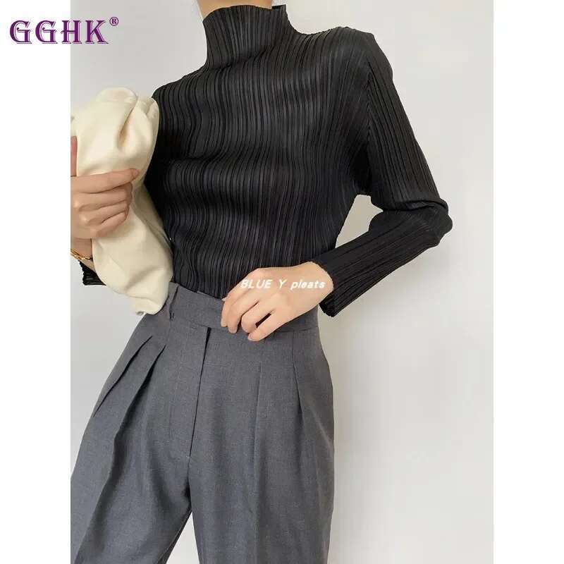 GGHK Miyake Pleated Women Shirt Tops Fashion Designer New Comfortable Causal Long Sleeve Turtleneck T-Shirt Aesthetic Clothing