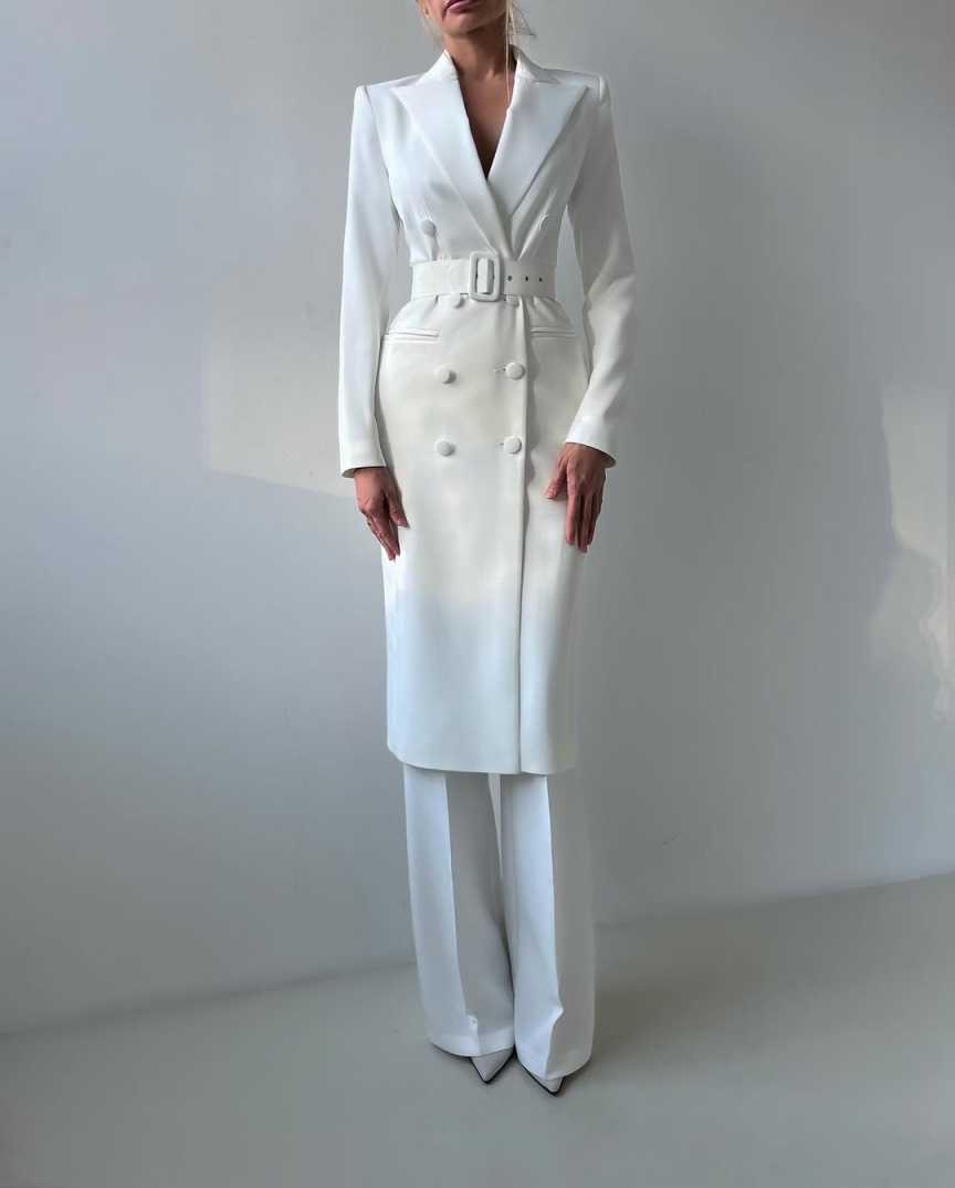 White Slim Women Pants Suits Ladies Long Jacket With Belt Formal Birthday Party Wear 2 Pieces Customized Coat