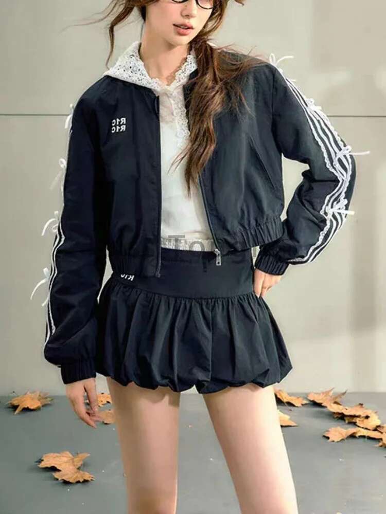 Autumn France Sporty Loose 2 Piece Set Women Vintage Fashion Long Sleeve O Neck Overcoat + High Waist Thin Short Skirt Suit New