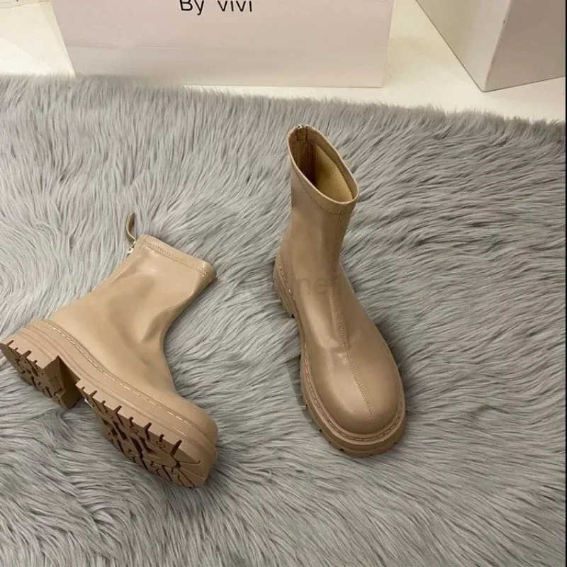 2025 Hot S Ladies Shoes Zipper Wens Boots Spring Autumn Round Toe Solid Short Barrel Platform Chunky H Fion Boots Z250304