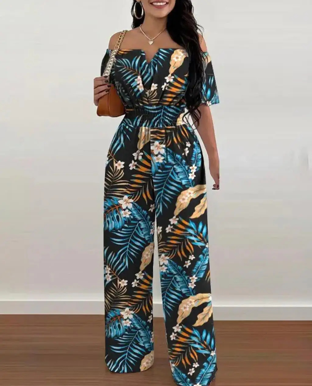 Summer Fashion Printed Wide Leg Jumpsuit Women Sexy Slash Neck Off-shoulder High Waist Jumpsuit Womem 250303