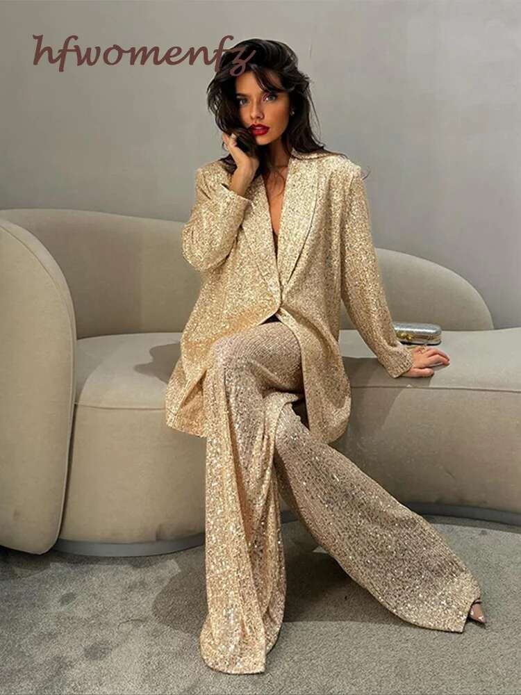 Elegant Sequins Jacket Pants 2 Pieces Outfits Women Shiny One Button Lapel Long Sleeve Coat Wide Leg Pant New In Matching Suit