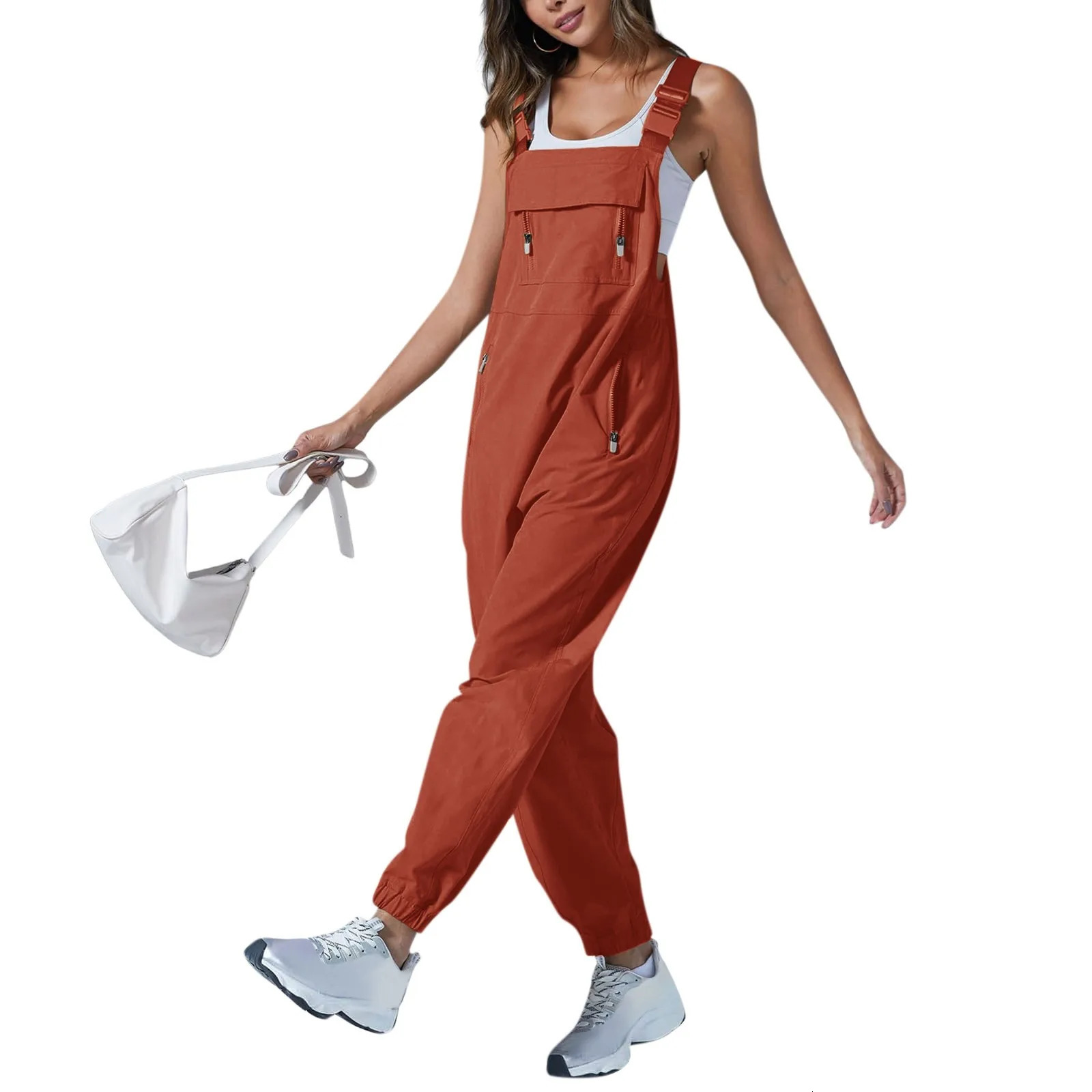 WomenS Jumpsuits Summer Fashion Casual Loose Wide Leg Jumpsuits Solid Color Insert Pockets Retro Button Strap Jumpsuits 250303