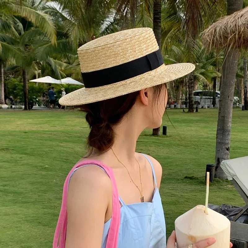 Summer Black White Ribbon Beach Sun Hats Women Men 5/7/10cm Wide Brim Uv Protection Str Hat Female Round Flat Top Panama CsXJ250304