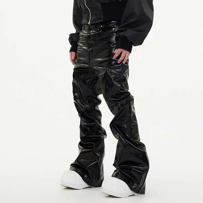 PFNW New Spring Men's Jeans Loose Wide Leg Coating Glossy Patent Leather Straight Male Denim Pants Niche Style 2025 12C509