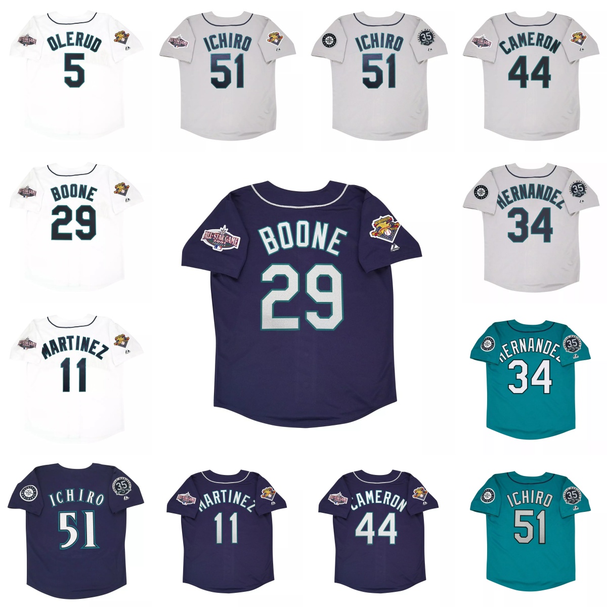 Retro Mariners Baseball Jersey 5 John Olerud 11 Edgar Martinez 29 Bret Boone 34 Felix Hernandez 44 Mike Cameron 51 Ichiro Suzuki Custom Any Number Name Any Style