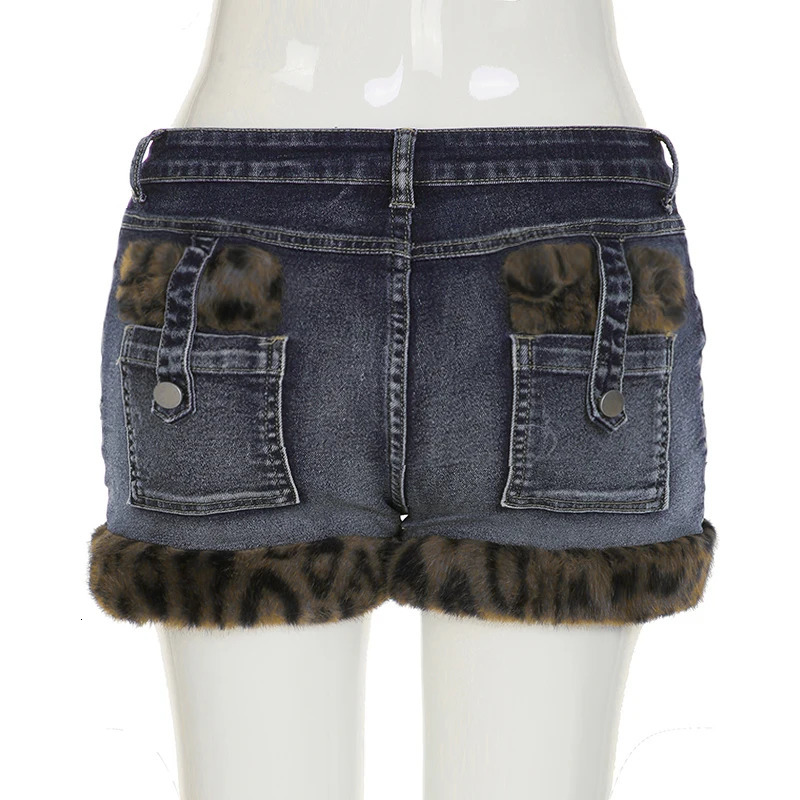 SUCHCUTE Leopard Print Fur Patchwork Shorts Jeans Women Low Waisted Button Up Mini Shorts Fashion Vintage Y2k Clothing 2025 250303