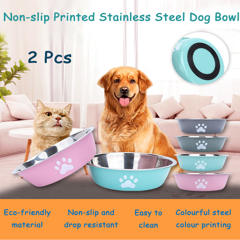 2Pcs Pet bowl stainless steel dog bowl non-slip Printed cat water feeder pet double layer non-slip fall-resistant pet dog bowls