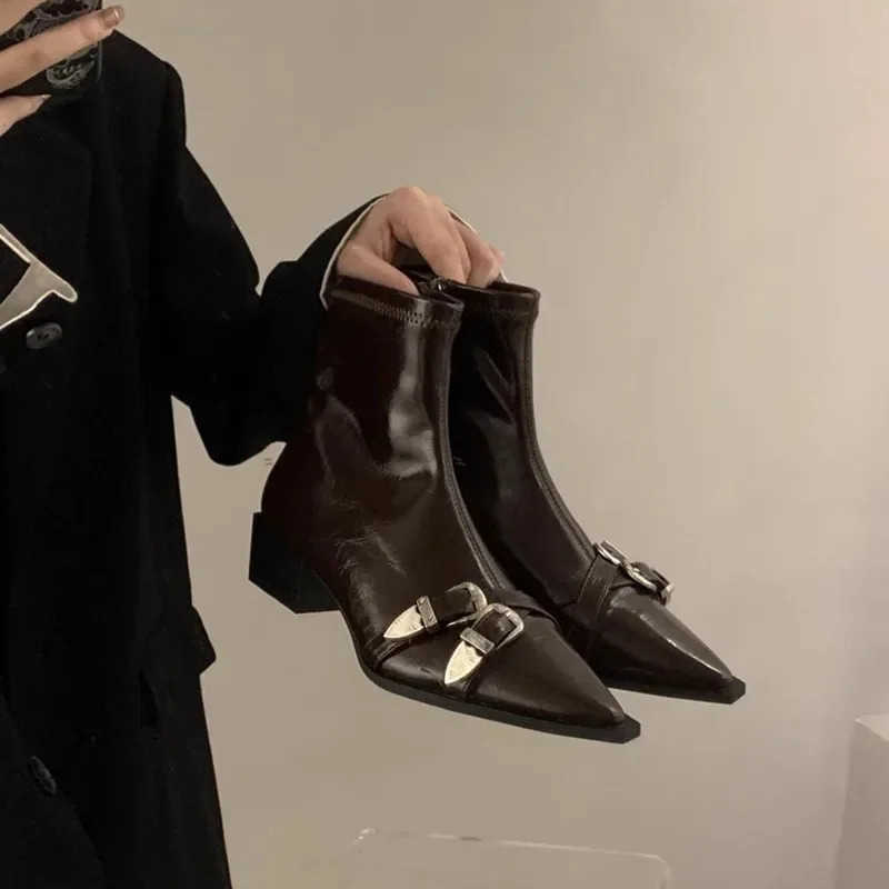 Wens fion chunky heel shoes new fall pointy metal buckle side zipper mid-heel cfort ankle boots Z250304