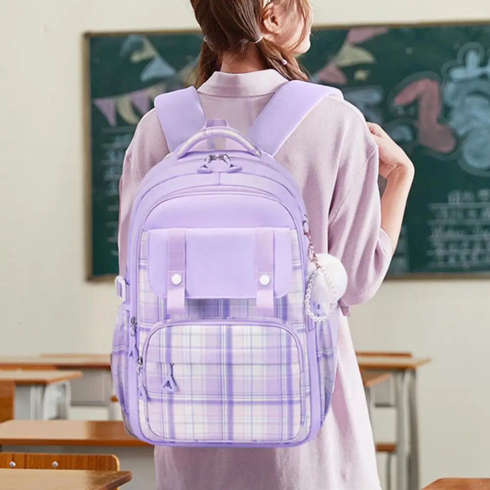 Ship from US Oxford Fabric Backpack Sweet Color Student with Plush Doll Pendant Capacity Multi Compartments School Bag for Pupils 250304FBB