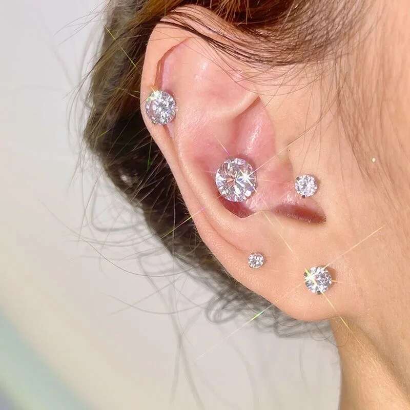 Stainless Steel Moissanite Korean Earrings for Women Crystal Screw Titanium Ear Studs Anti Allergic Body Jewelry Bone Nail