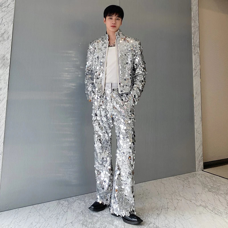LUZHEN personalized sequin stand up collar short jacket trend cool stage clothing 2025 fashion street mens LZ6684 250304