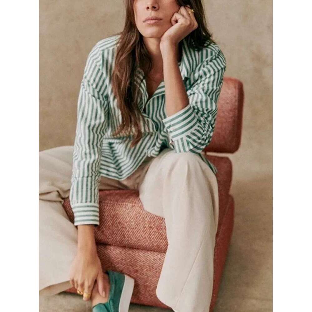 Ladies Cotton En Blend Striped Shirt Spring New Loose Casual Women Single-Breasted Long-Sleeved Classic Blouse