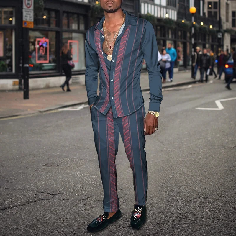 Retro Harajuku Mens Shirt Suits 3D Print Fashion Men Casual Breathable Lapel Long Sleeve Pants2 Pcs Set 250227