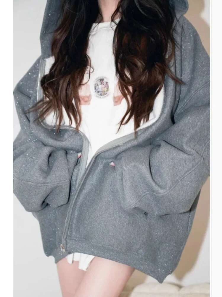 Glitter Zip Up Hoodies Women Long Sleeve Sweatshirt With Zipper Oversized Streetwear Aesthetic Clubwear Clothes