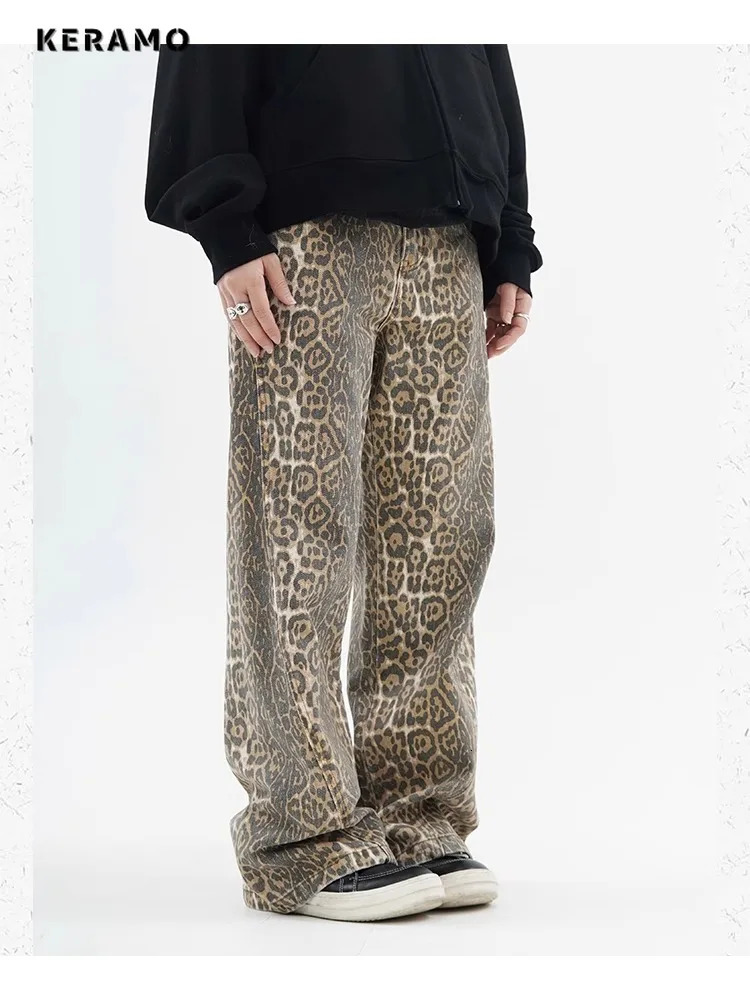 Vintage Leopard Print Jeans Women Spring Oversize Casual Hip Pop Wide Leg Trouser Trend High Waist Panther Denim Pants Ladies 250303
