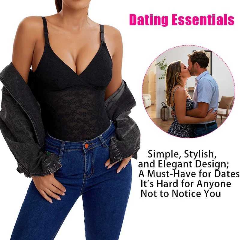 V-Neck Lace Thong Bodysuit Women Sexy Shapewear Top Tummy Control Waist Trainer Body Shaper Removable Chest Pad Slimming CorsetXJ250304