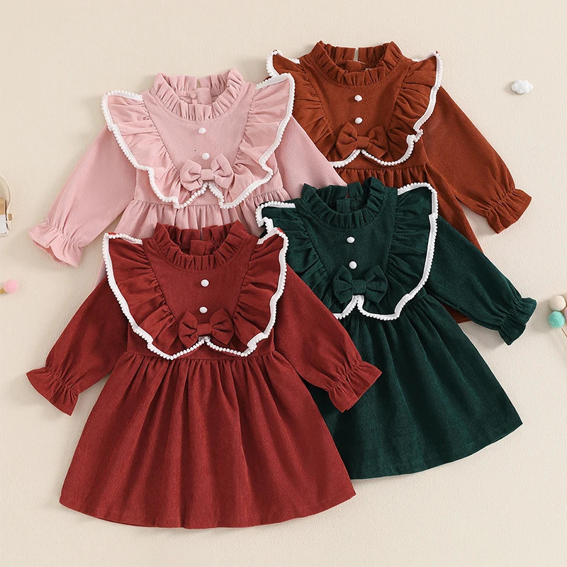 Sweet Kids Baby Girls Long Sleeve Corduroy Princess Dress Autumn Mock Neck Ruffled Children Clothes 250303