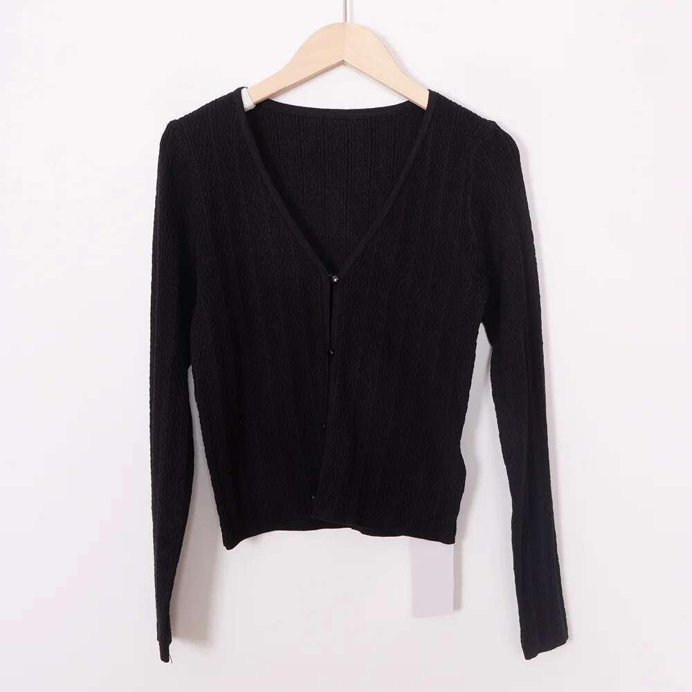 Solid Knit Women Short Style T-Shirt V-Neck Long Sleeve Slim Fit Button Lady Cardigan Casual Vintage Femme Top 2025