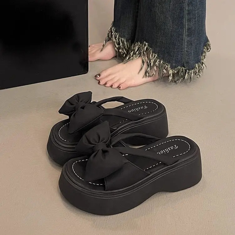 Shoes Ladies Slippers Platform Slides Slipers Women Low Butterfly-Knot Rubber PU Fashion Fabric Hoof Heels 250303