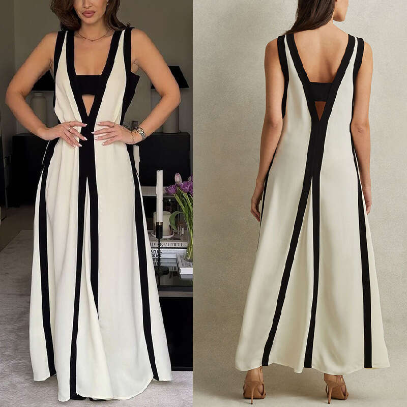 European and American sexy double-sided V-neck contrasting dress 2025 new casual versatile fashion clothing