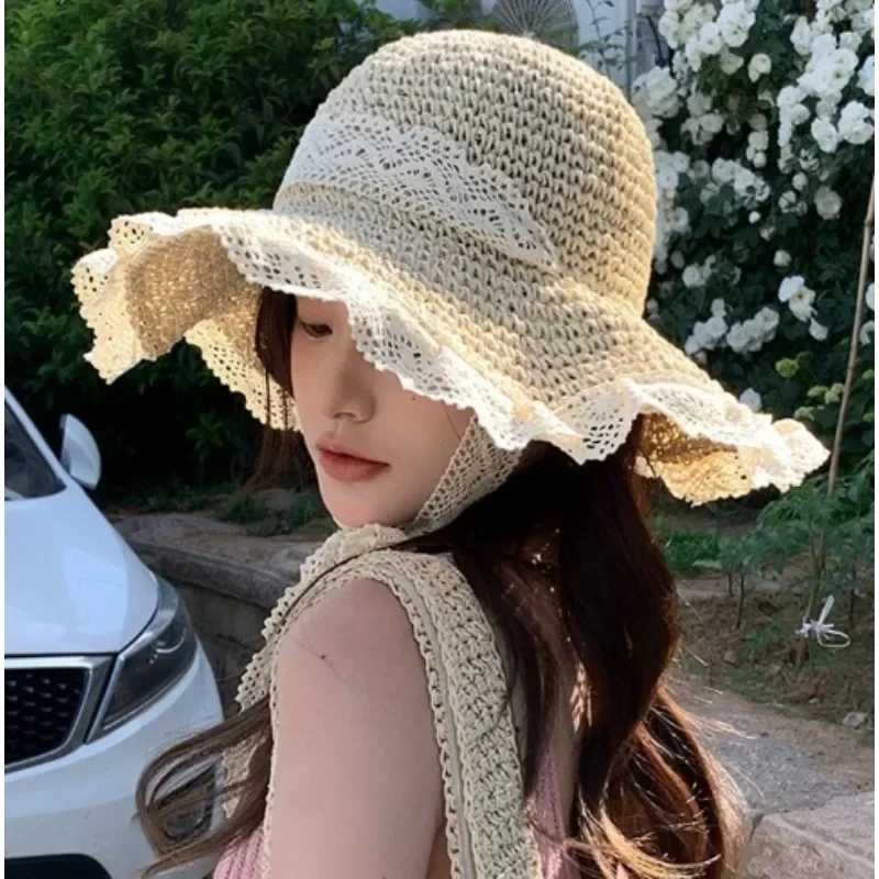 Y2K Korean Girls Sun Hat Lace Hollow Grass Knitted Hat Womens Summer Outing Sun C Beach Sunscreen Hat Sweet Fishermans CXJ250304