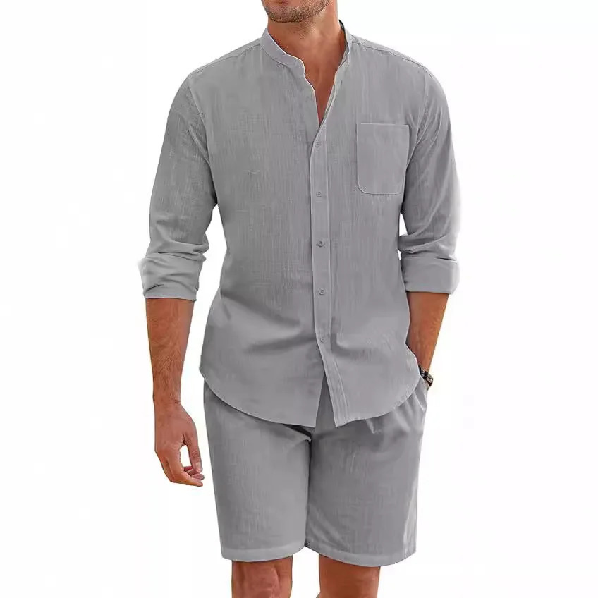 Mens Beach Casual Sky Blue White Black Sports Suit Linen Loose Long-sleeved Shirts Trousers Workwear Two-piece Male Outfit Sets 250227
