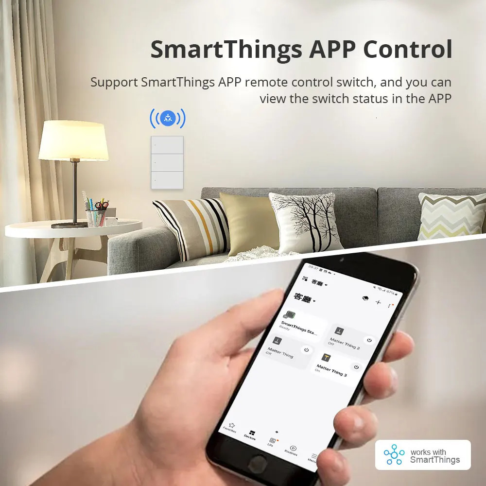 Zemismart Matter WiFi 1 2 3 4 6 Gangs Smart Wall Light Switch Neutral Required with Big Button SmartThings App Homekit Control 250303