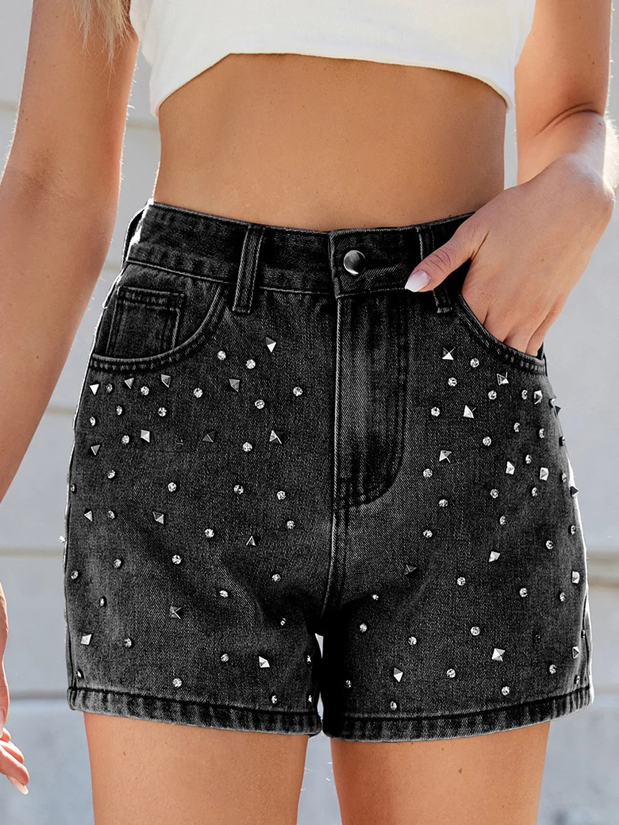 Women Studded Denim Shorts Casual Summer High Waist Jean Short Pants for Vacation Beach Club Streetwear 250304