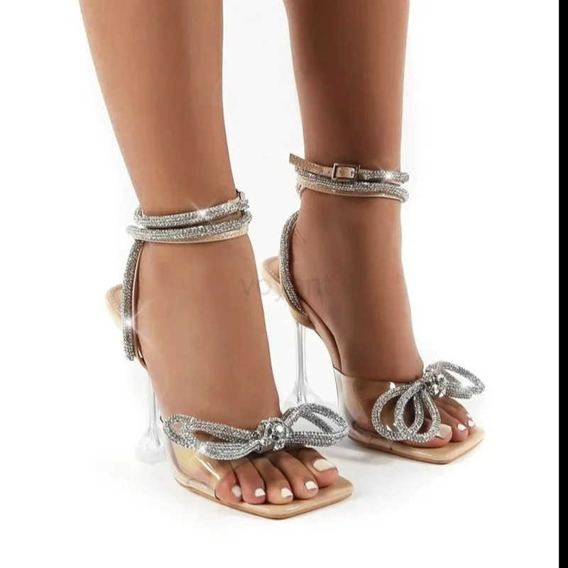 Rhine Bow-knot Wen Sandals PVC Jelly Pumps H Ladies Shoes Sexy Square Toe Ankle Buckle Strap New Sandals Plus Size Z250304