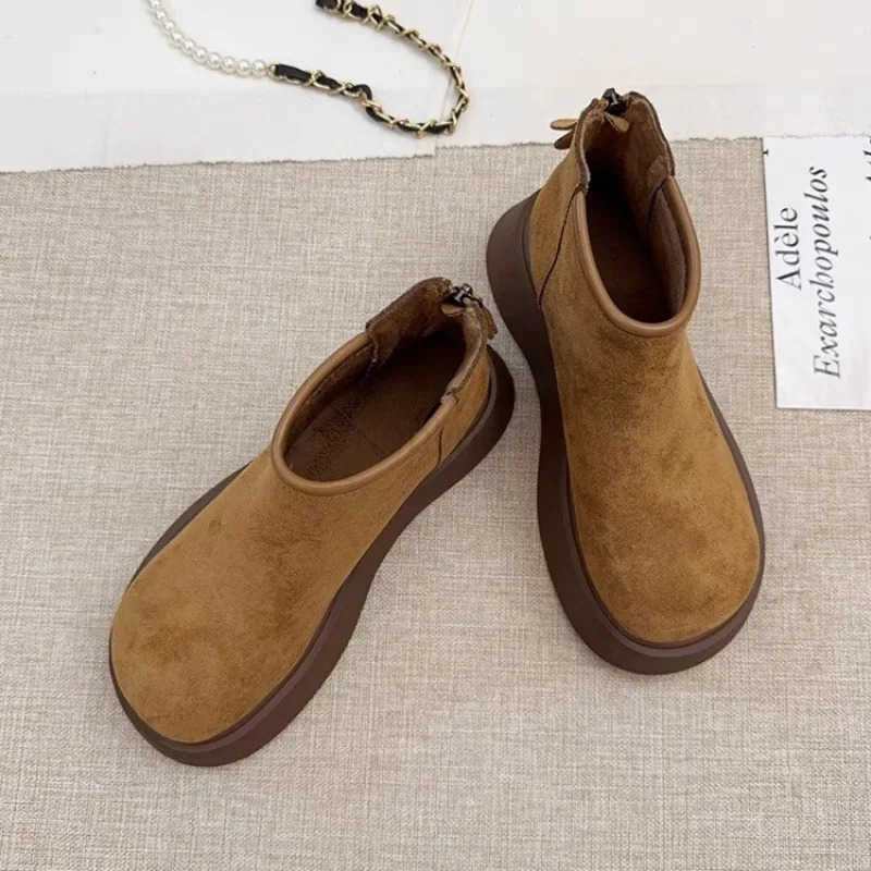 Wens Thick Soled Cotton Shoes Winter New Round Suede Back Zipper Anti-slip Wear-resistant Short Boots Z250304